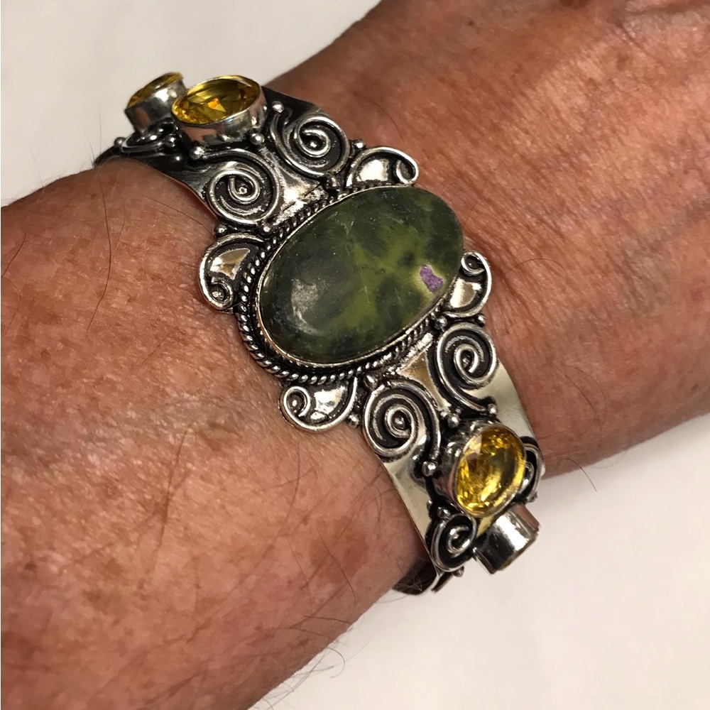 Citrine Stichtite Stamped Solid 925 Sterling Silver Cuff Bracelet